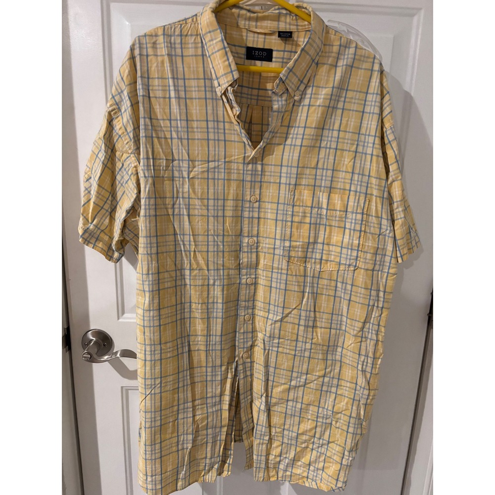 IZOD‎ Jeans Plaid Button Up Short Sleeve Casual Shirt Yellow Blue Size XL